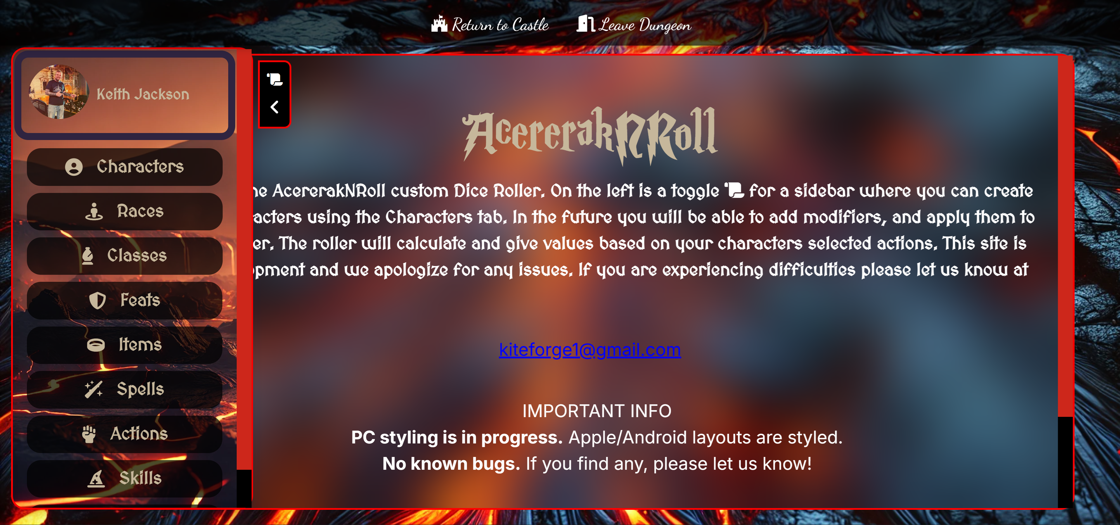 AcererakNRoll app dashboard