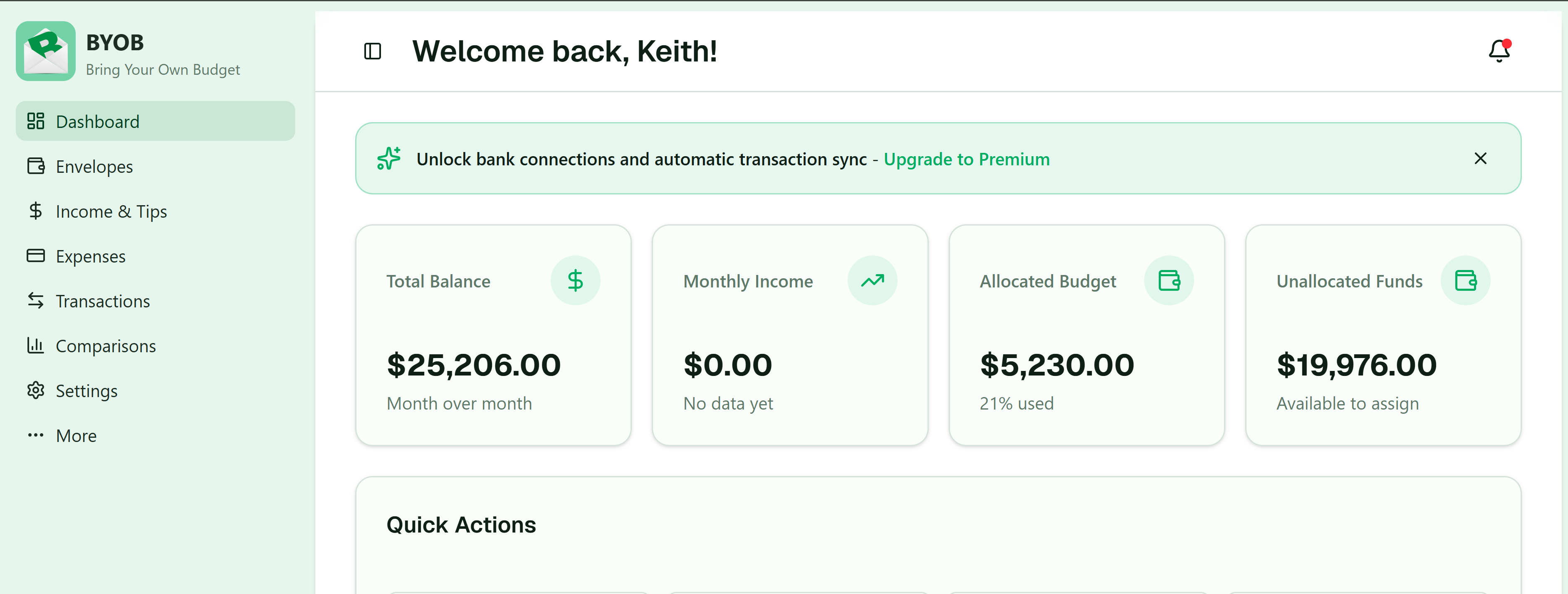 Tipper (BYOB) budgeting app dashboard
